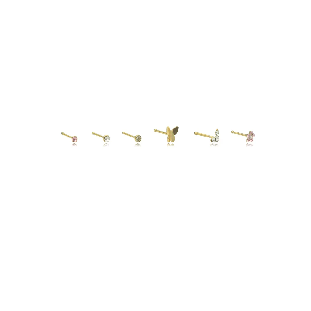 Multi-Pack CZ Butterfly and Flower Stud Nose Rings 6 Pack - 20 Gauge