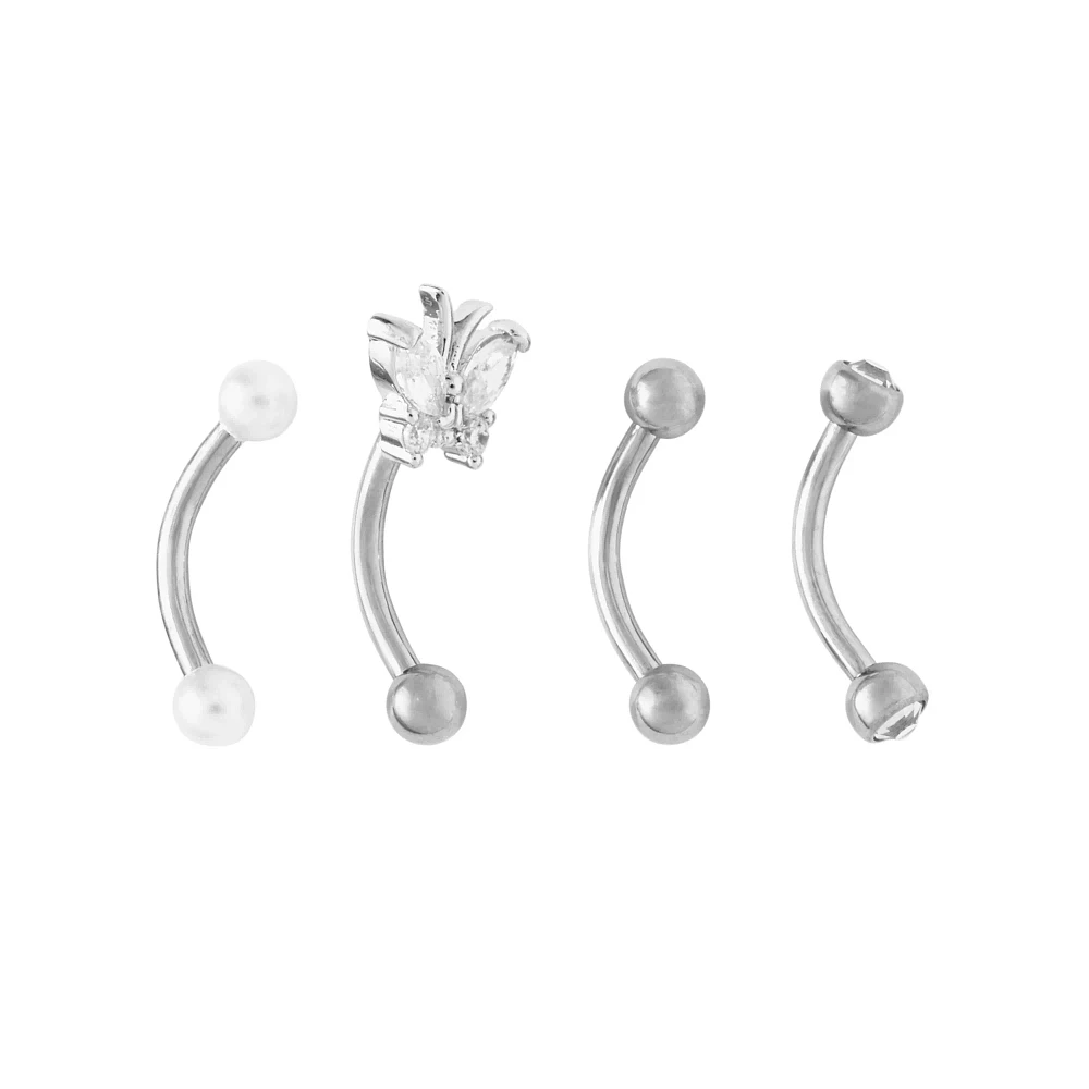 Multi-Pack CZ Butterfly and Pearl-Effect Titanium Curved Barbells 4 Pack - 16 Gauge