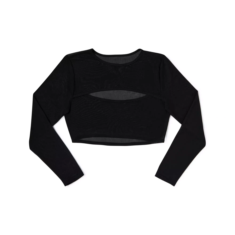 Long Sleeve Black Mesh Cutout Crop Top