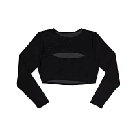 Long Sleeve Black Mesh Cutout Crop Top