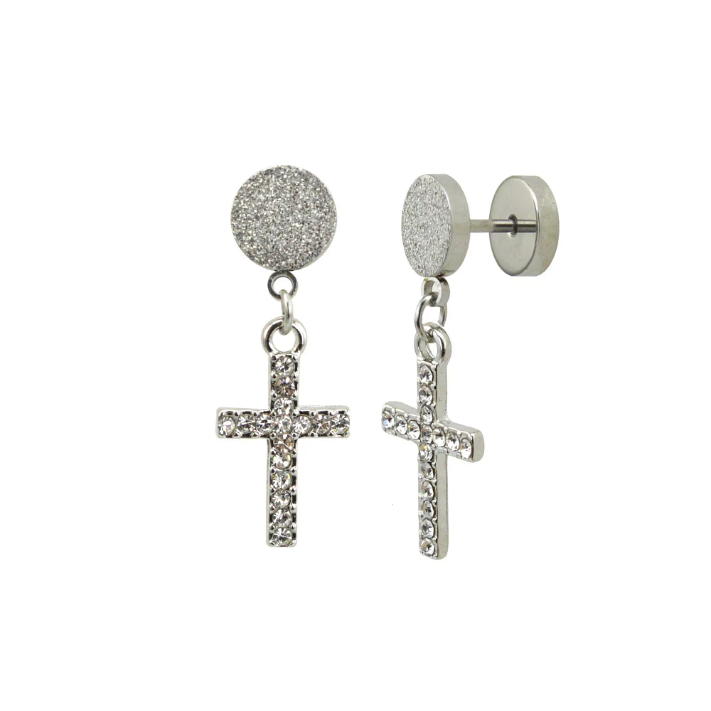 CZ Silvertone Cross Dangle Fake Plugs