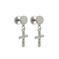 CZ Silvertone Cross Dangle Fake Plugs