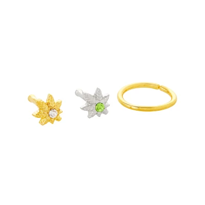 Multi-Pack CZ Weed Leaf Bone Nose Rings and Hoop Nose Rings 3 Pack - 18 Gauge