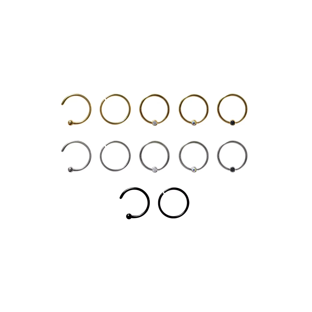 Multi-Pack CZ Goldtone Silvertone and Black Captive Rings Hoop Nose Rings and Half Hoop Nose Rings 12 Pack - 20 Gauge