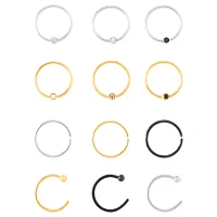 Multi-Pack CZ Goldtone Silvertone and Black Captive Rings Hoop Nose Rings and Half Hoop Nose Rings 12 Pack - 20 Gauge