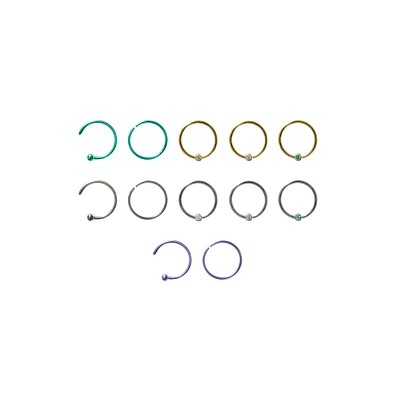 Multi-Pack Silvertone Goldtone Multi-Color Hoop Nose Rings and Half Hoop Nose Rings 12 Pack - 20 Gauge