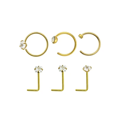 Multi-Pack CZ Goldtone L-Bend Nose Rings and Half Hoop 6 Pack - 20 Gauge