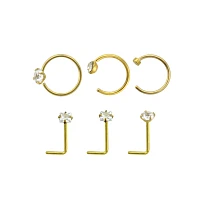 Multi-Pack CZ Goldtone L-Bend Nose Rings and Half Hoop 6 Pack - 20 Gauge