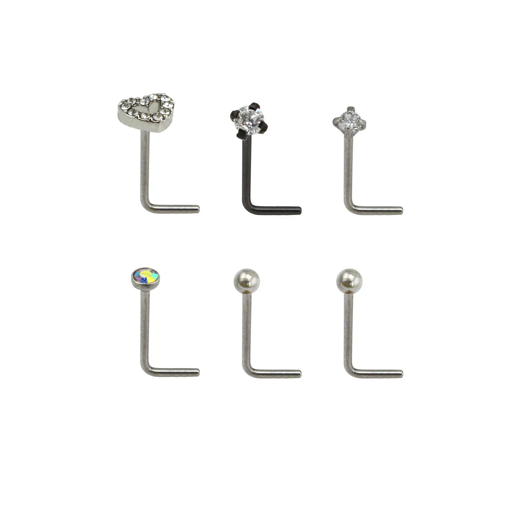 Multi-Pack Prong CZ Heart L-Bend Nose Rings 6 Pack - 20 Gauge