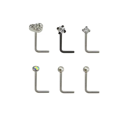 Multi-Pack Prong CZ Heart L-Bend Nose Rings 6 Pack - 20 Gauge