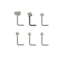 Multi-Pack Prong CZ Heart L-Bend Nose Rings 6 Pack - 20 Gauge