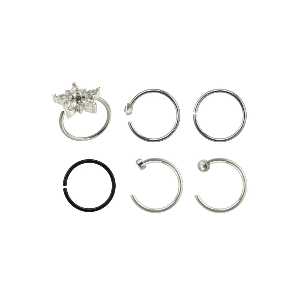 Multi-Pack CZ Hoop Nose Rings and Half Hoop Nose Rings 6 Pack - 20 Gauge
