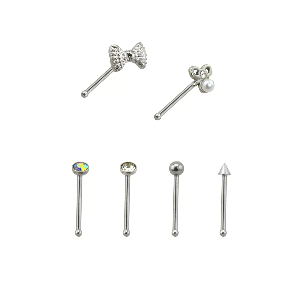 Multi-Pack CZ Pearl Bow Bone Nose Pins 6 Pack - 20 Gauge