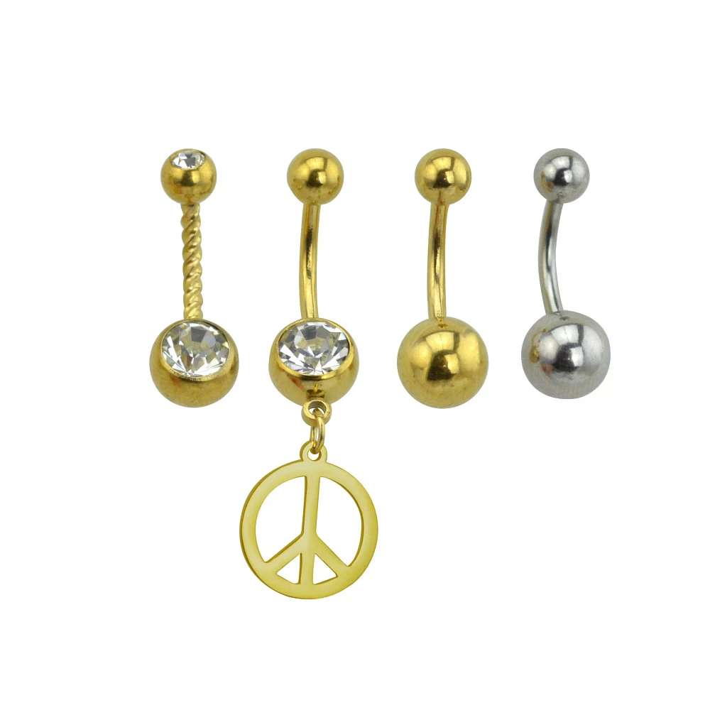Multi-Pack Goldtone Peace Dangle Belly Ring 4 Pack - 14 Gauge
