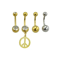 Multi-Pack Goldtone Peace Dangle Belly Ring 4 Pack - 14 Gauge