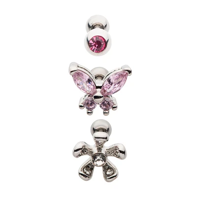 Multi-Pack CZ Butterfly and Flower Cartilage Barbells 3 Pack - 18 Gauge