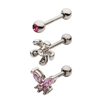 Multi-Pack CZ Butterfly and Flower Cartilage Barbells 3 Pack - 18 Gauge