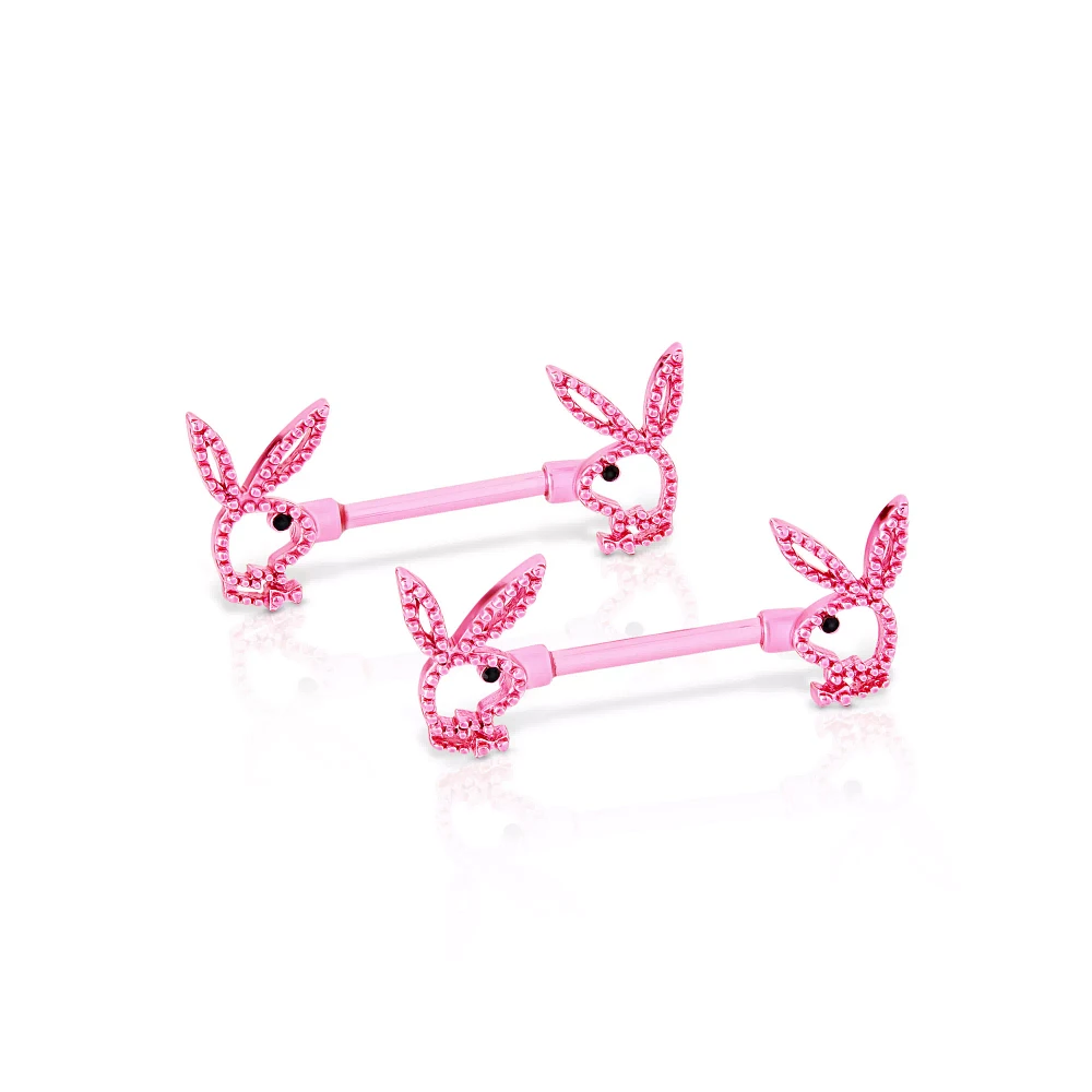 CZ Pink Playboy Bunny Cutout Nipple Barbells - 14 Gauge