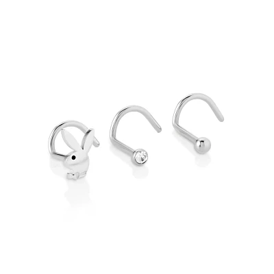 Multi-Pack CZ Silvertone Playboy Bunny Screw Nose Rings 3 Pack - 20 Gauge
