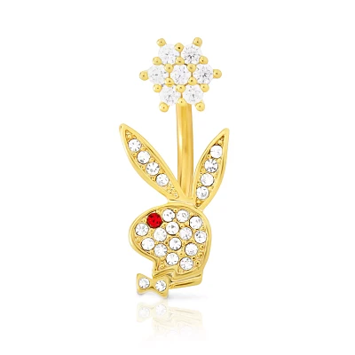 CZ Goldtone Playboy Bunny Flower Belly Ring - 14 Gauge