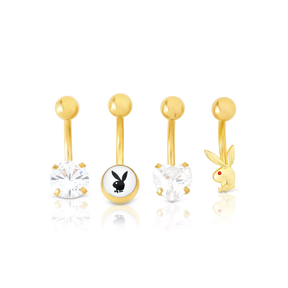 Multi-Pack Heart CZ Goldplated Playboy Belly Rings 4 Pack - 14 Gauge