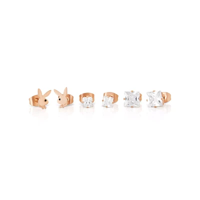 Multi-Pack Rose Goldtone Playboy Bunny and CZ Stud Earrings - 3 Pair