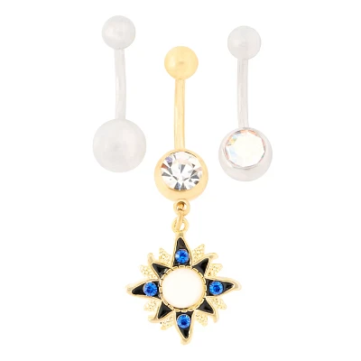 Multi-Pack CZ Sun Dangle Belly Rings 3 Pack - 14 Gauge