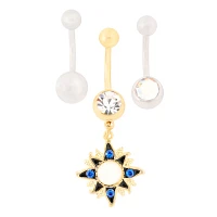Multi-Pack CZ Sun Dangle Belly Rings 3 Pack - 14 Gauge