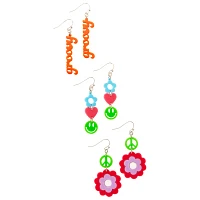 Multi-Pack 70s Groovy Smiley Face Peace Sign Flower Earrings - 3 Pair
