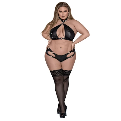 Plus Size Strappy Studded Cutout Bra and Panties