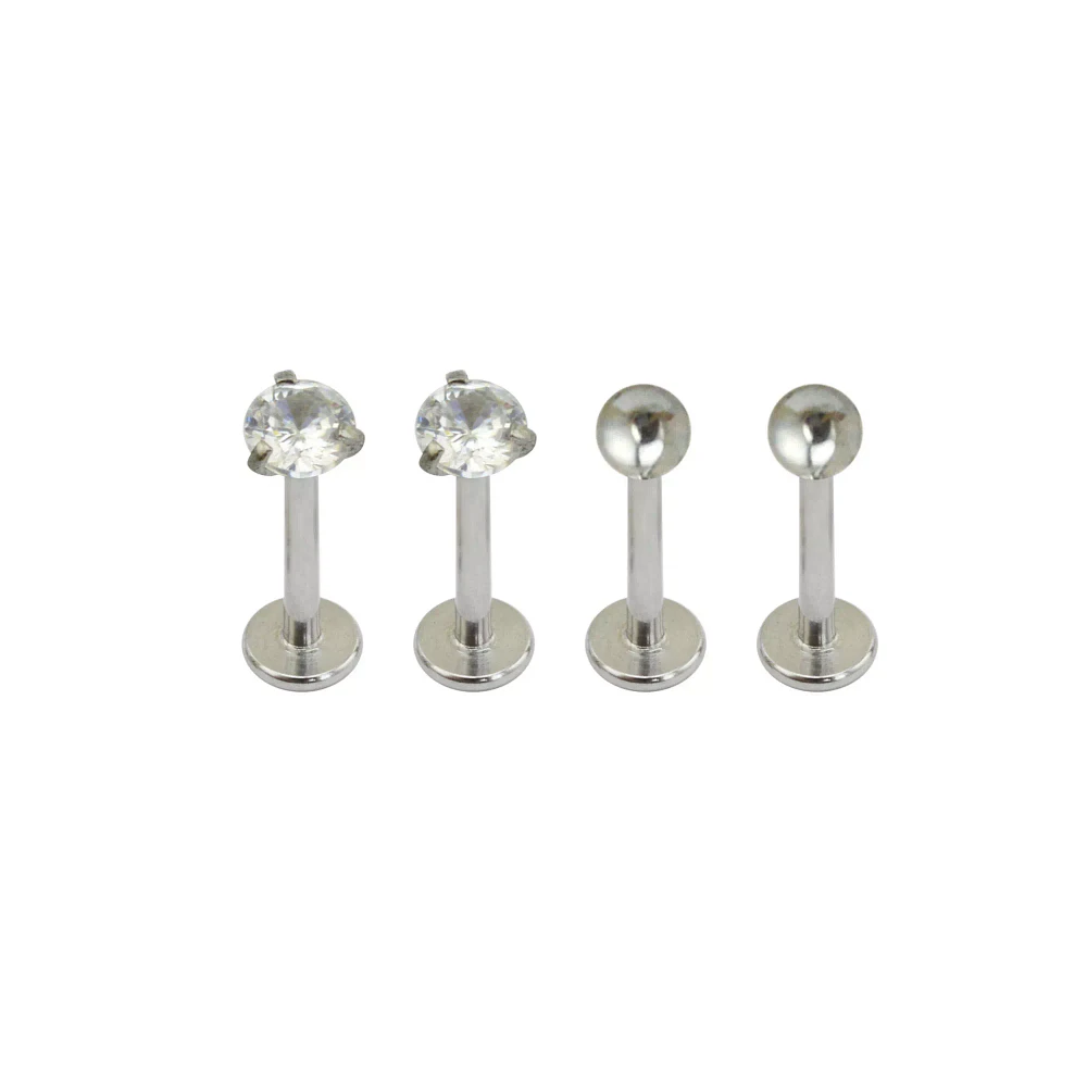 Multi-Pack CZ Silvertone Labret Lip Rings 4 Pack - 16 Gauge