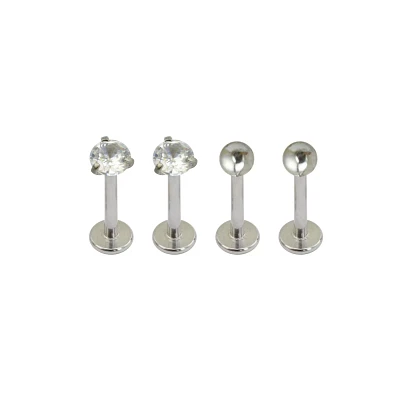 Multi-Pack CZ Silvertone Labret Lip Rings 4 Pack - 16 Gauge