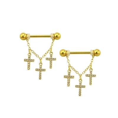 CZ Goldtone Cross Dangle Nipple Barbells - 14 Gauge