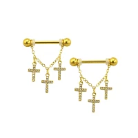 CZ Goldtone Cross Dangle Nipple Barbells - 14 Gauge