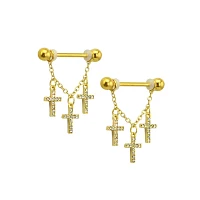 CZ Goldtone Cross Dangle Nipple Barbells - 14 Gauge