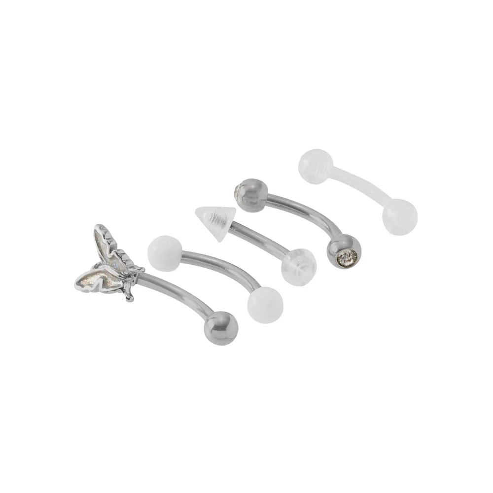 Multi-Pack CZ White and Silver Butterfly Curved Barbells 5 Pack - 16 Gauge