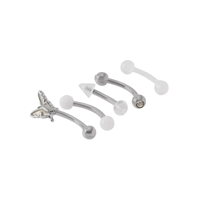 Multi-Pack CZ White and Silver Butterfly Curved Barbells 5 Pack - 16 Gauge