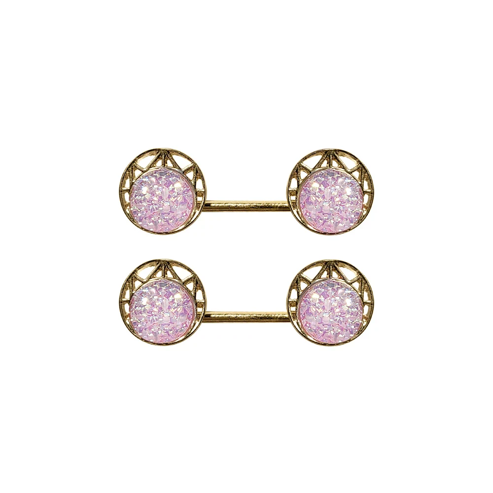 CZ Pink Gem Goldtone Nipple Barbells - 14 Gauge