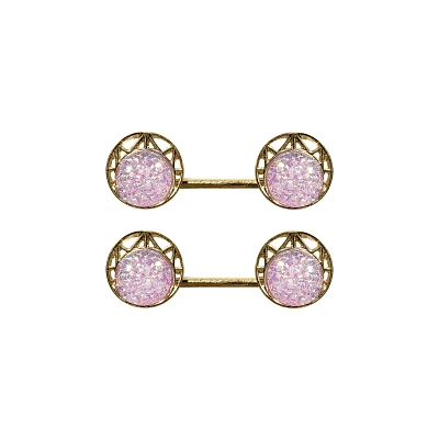 CZ Pink Gem Goldtone Nipple Barbells - 14 Gauge