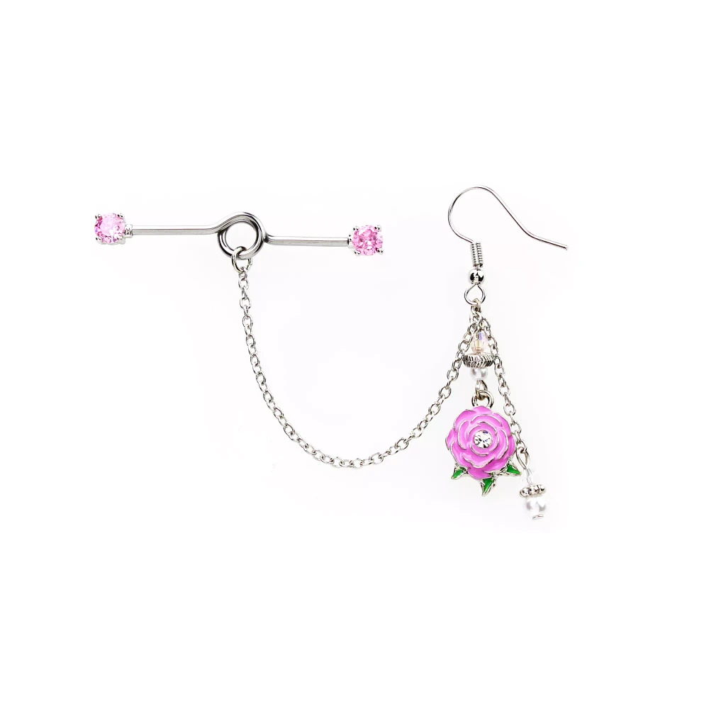 CZ Pink Industrial Barbell Chain Dangle Earrings - 14 Gauge