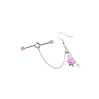 CZ Pink Industrial Barbell Chain Dangle Earrings - 14 Gauge