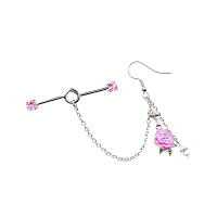 CZ Pink Industrial Barbell Chain Dangle Earrings - 14 Gauge