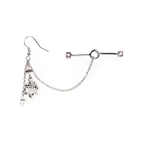 CZ Pink Industrial Barbell Chain Dangle Earrings - 14 Gauge