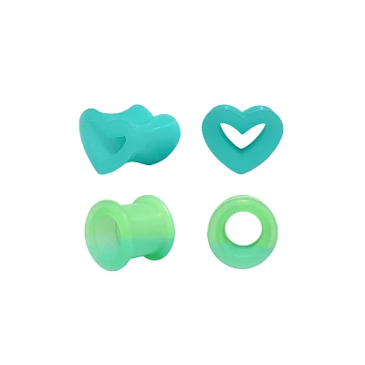 Multi-Pack Teal and Green Heart Tunnel Plugs - 2 Pair