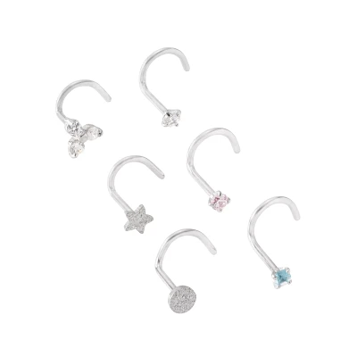 Multi-Pack CZ Star Screw Nose Rings 6 Pack - 20 Gauge