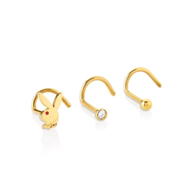 Multi-Pack CZ Goldtone Playboy Bunny Screw Nose Rings 3 Pack - 20 Gauge