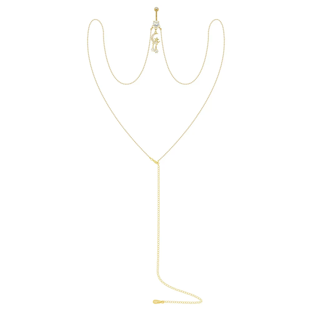 CZ Goldtone Moon Star Chain Dangle Belly Ring - 14 Gauge