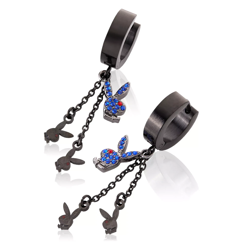 Blue CZ Triple Playboy Bunny Chain Dangle Huggie Hoop Earrings