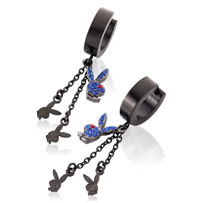 Blue CZ Triple Playboy Bunny Chain Dangle Huggie Hoop Earrings