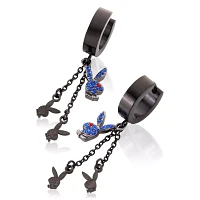 Blue CZ Triple Playboy Bunny Chain Dangle Huggie Hoop Earrings